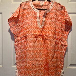 Beautiful Stella and Dot Orange Beach Cover up with Fun Pom Pom Fringe